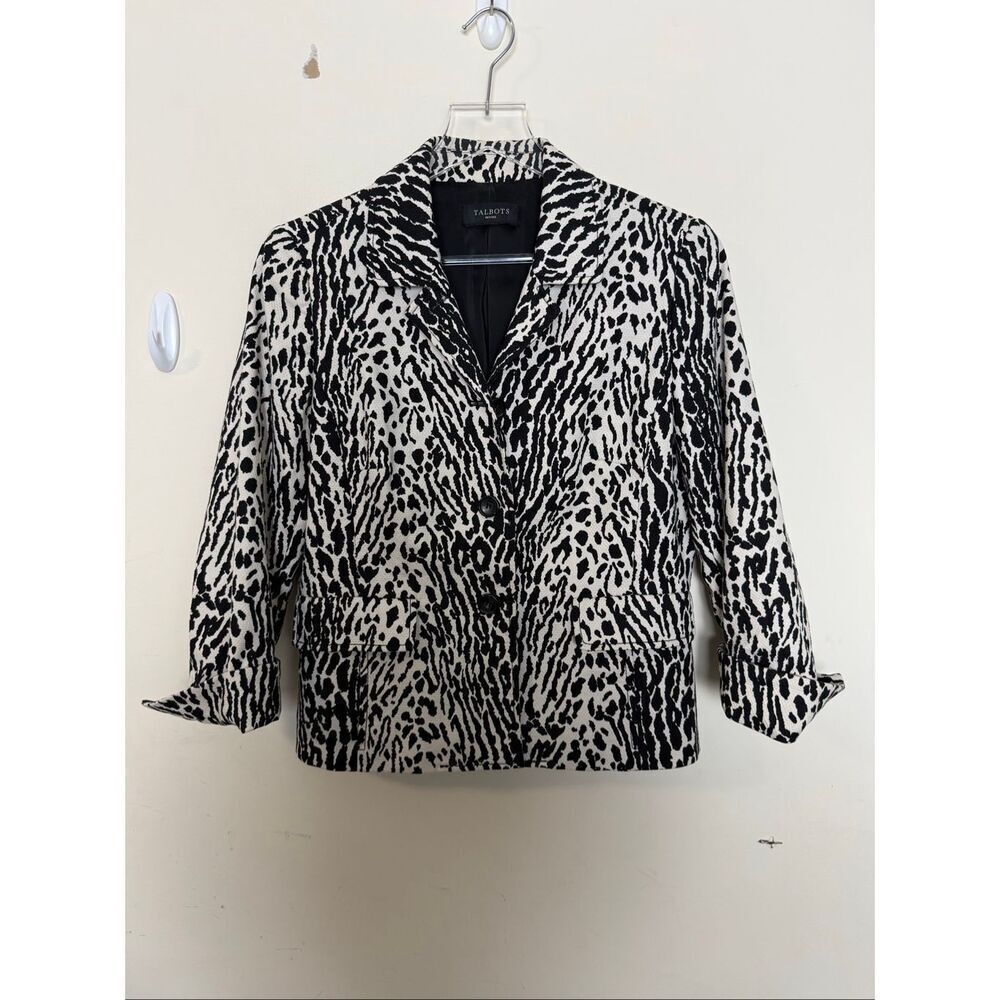 Talbots Petites 14P Black & Cream Animal Print Blazer Jacket Workwear Office Chi - Picture 1 of 3